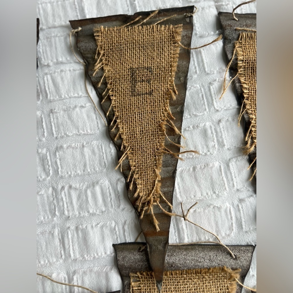 Rustic Metal Flag Burlap Accent Farmhouse Cottagecore Letter E
